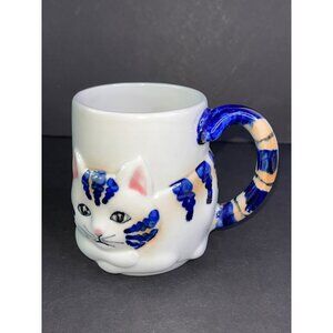 Whimsical Pier 1 Cat Ceramic Mug Blue White Cat Tail Handle 3D Kitty